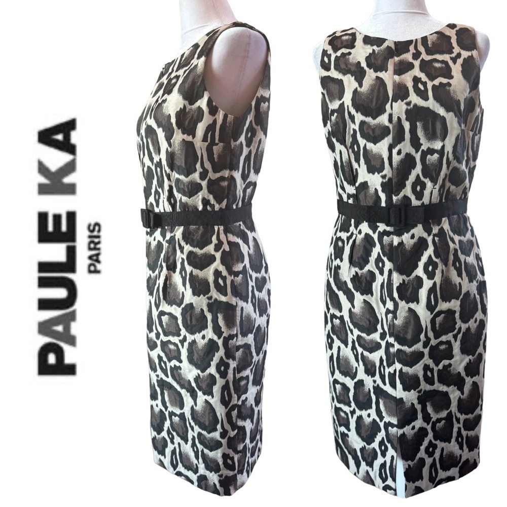 PAULE KA 40 6 Animal Print Belted Lined Dress Designer Leopard Grosgrain Medium - Picture 2 of 12